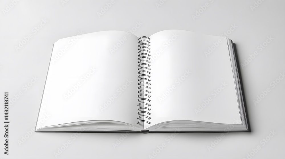 A plain notebook or binder mockup with a blank cover, set on a white desk. Minimalist stationery