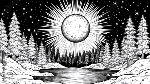 Moonlit winter forest landscape photo