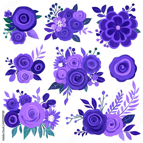 Purple floral illustrations featuring various arrangements of roses and leaves, showcasing vibrant and artistic design. flowers are depicted different shades of purple, creating harmonious