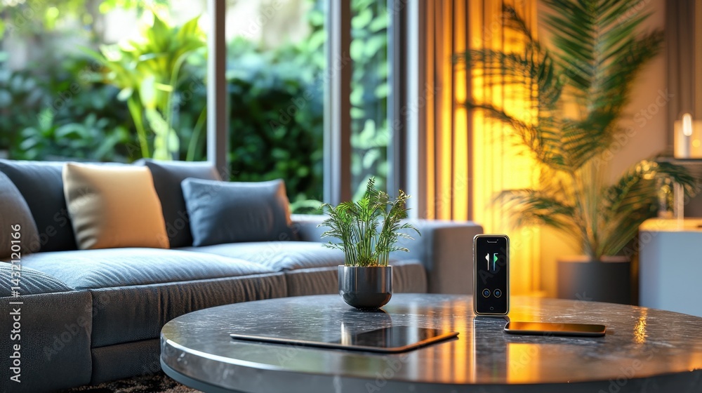 Wireless smart charging pad on a side table in a contemporary living room Wireless smart charging pad on a side table in a contemporary living room