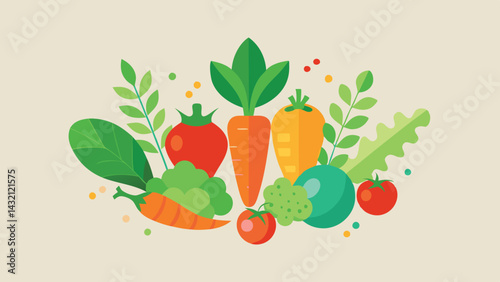 Colorful vector illustration of fresh vegetables and greens arranged artistically with a light backdrop, showcasing nature's bounty in a vibrant and playful style