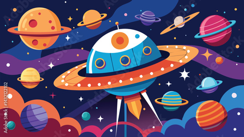 Colorful spacecraft journeying through a vibrant cosmic landscape filled with diverse planets, stars, and swirling clouds
