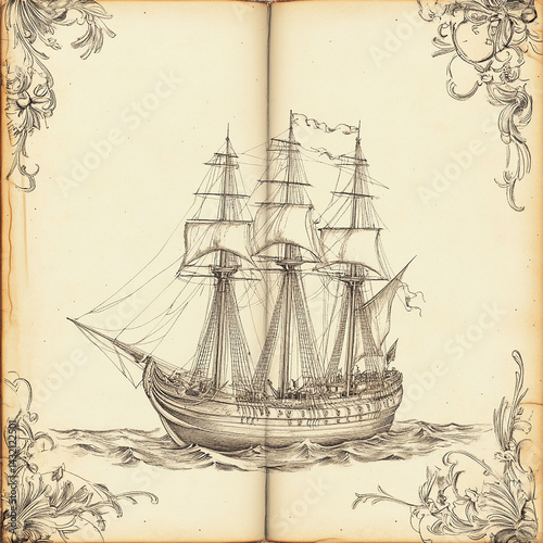 A vintage nautical journal page blank with Magellan's expedition ship the Concepción depicted on the bottom of the blank page.