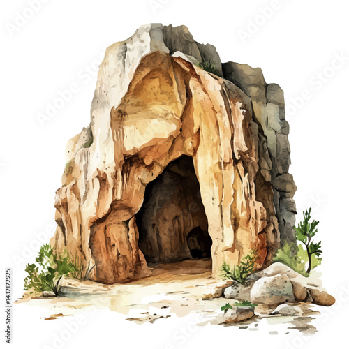 Sacred Cave With Prehistoric Wall Paintings, vector watercolor illustration, isolated on a white background.