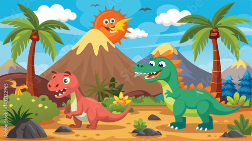 Vector illustration of playful dinosaurs in a vibrant prehistoric landscape with a volcano and sunny sky