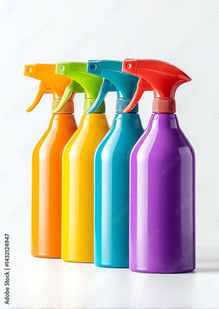 stacked plastic spray bottles in rainbow colors, modern household cleaning products concept, glossy finish, white studio background stacked plastic spray bottles in rainbow colors, modern household cleaning products concept, glossy finish, white studio background
