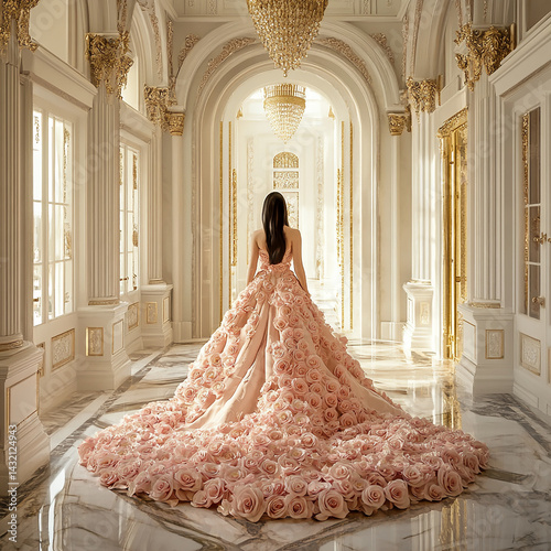 
serene Pakistani woman in a gown crafted from small pink roses walking gracefully through a grand corridor of a majestic English palace, interiors glowing in soft white, pastel pink, 