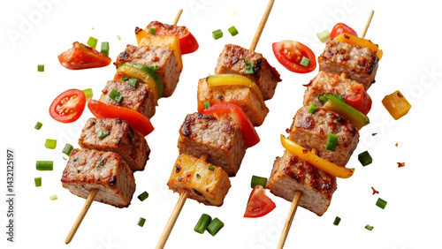 Grilled meat cubes and vegetables on skewers with a transparent background, surrounded by diced tomatoes and green onions.