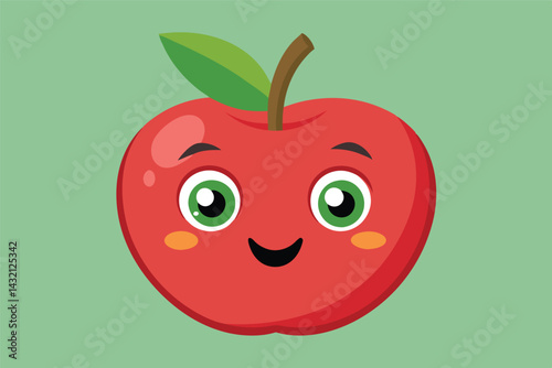 Cheerful red apple with cartoonish features and big green eyes, placed on a soft green background, perfect for children's educational materials and illustrations