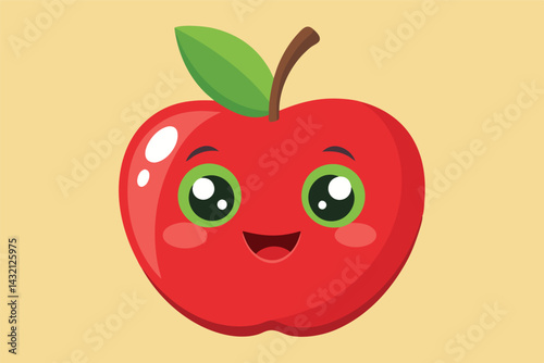 Cheerful red apple with cartoonish features and big green eyes, placed on a soft green background, perfect for children's educational materials and illustrations