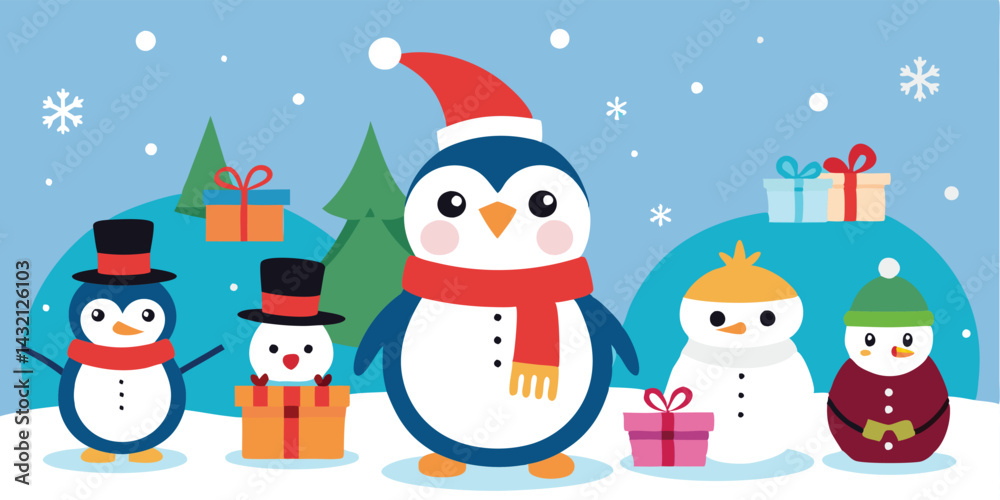 Festive winter gathering featuring cheerful snowmen and penguins surrounded by presents and trees under a snowy sky Festive winter gathering featuring cheerful snowmen and penguins surrounded by presents and trees under a snowy sky