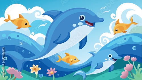Vector illustration of dolphins swimming joyfully among colorful fish and waves in a bright, cheerful underwater environment
