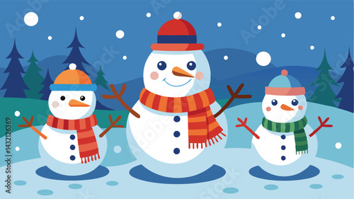 Playful snowmen celebrate winter in a snowy landscape with colorful scarves, hats, and festive ornaments during a cheerful holiday season