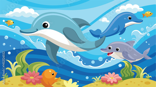 Vector illustration of dolphins swimming joyfully among colorful fish and waves in a bright, cheerful underwater environment