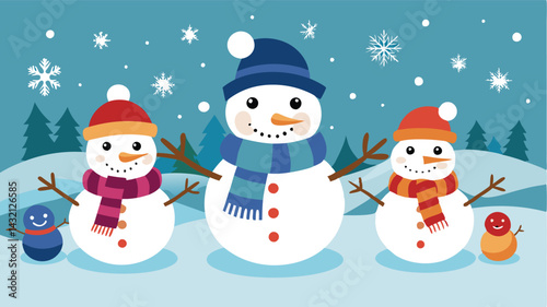 Playful snowmen celebrate winter in a snowy landscape with colorful scarves, hats, and festive ornaments during a cheerful holiday season