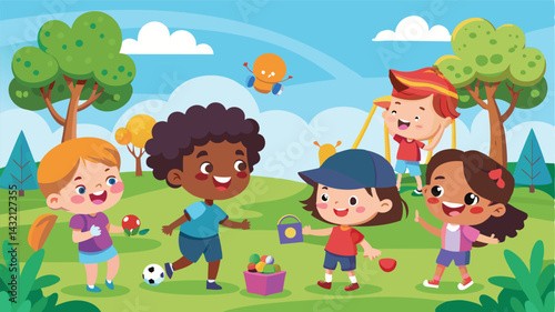 Happy children playing together in a vibrant park during a sunny day with trees, hills, and outdoor games