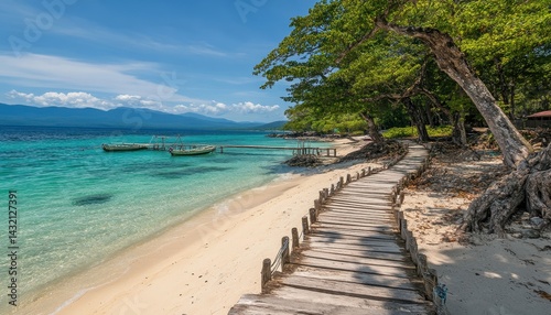 Tranquil beach path leads to turquoise waters. Lush vegetation lines the shore