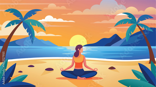 Meditation at sunset on a tranquil beach with palm trees and gentle waves