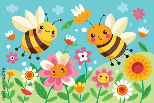 Colorful vector illustration featuring cheerful bees buzzing around vibrant flowers in a lush garden during a sunny day