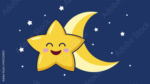 Cute vector illustration of happy star and moon with smiling face surrounded by twinkling stars, ideal for cheerful design projects and children's themes
