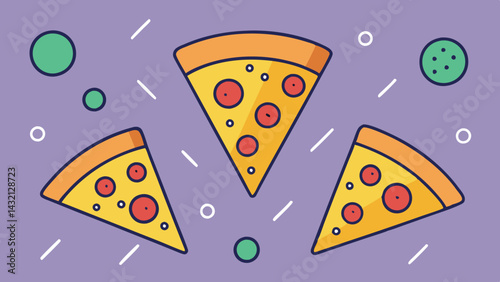 Colorful vector illustration featuring slices of pizza and playful elements on a purple background