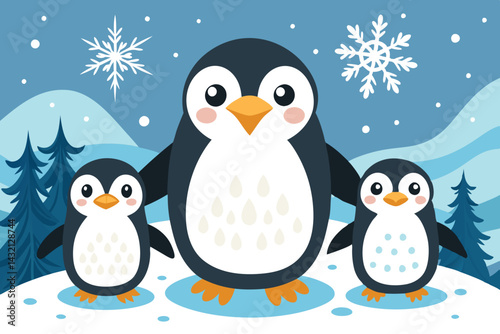 Cute vector illustration featuring three playful penguins in a snowy landscape with trees, snowflakes, and a wintery background