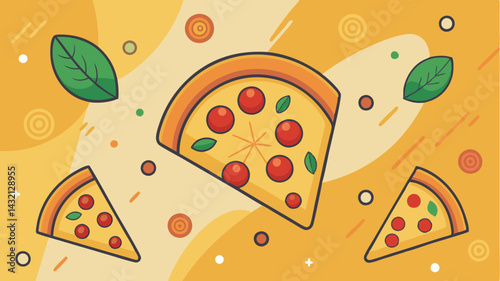 Colorful vector illustration featuring slices of pizza and playful elements on a purple background