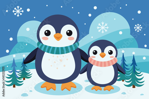Cute vector illustration featuring three playful penguins in a snowy landscape with trees, snowflakes, and a wintery background