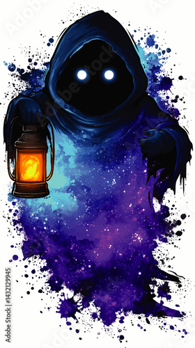 Mysterious Hooded Figure Holding Lantern in Cosmic Night, Watercolor Splash Art, Fantasy Character Illustration