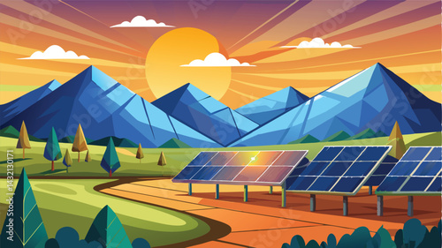 Vector illustration of solar panels in a mountainous landscape at sunset with vibrant colors and a serene atmosphere