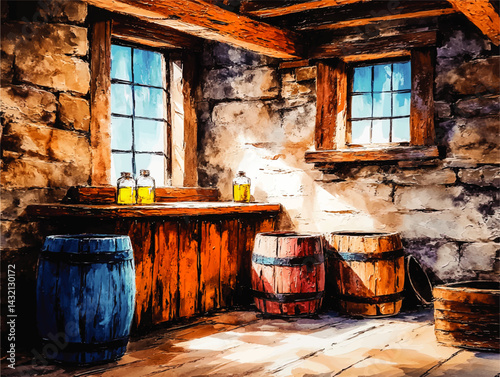 Rustic Sunlit Tavern Interior with Wooden Barrels, Stone Walls, and Bottles on Counter – Vintage Medieval Inn Room Illustration