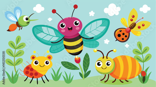 Colorful vector illustration of cheerful insects in a vibrant garden filled with flowers, showcasing a friendly bee, ladybug, and playful butterflies