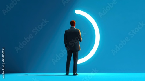 A businessman marks a symbol on a circle against a blue backdrop, representing success and strategic planning.