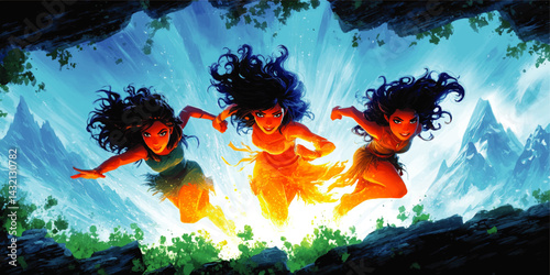 Powerful Animated Women Running Through Vibrant Mountain Landscape, Dynamic Action Scene with Bold Colors and Energy