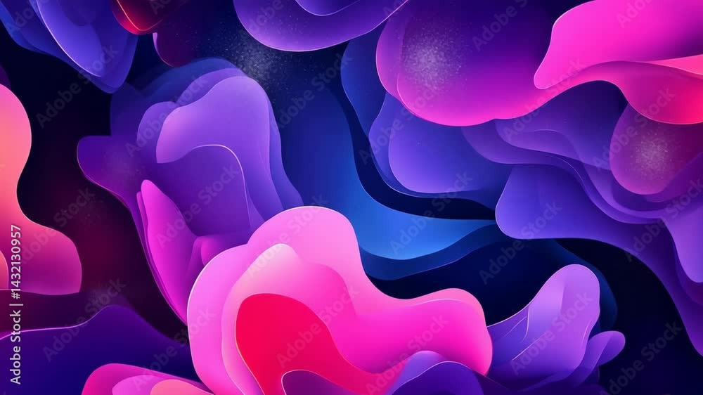 Abstract layered shape background featuring vibrant purple, pink, and blue hues with fluid, flowing, curved, and organic shapes and patterns