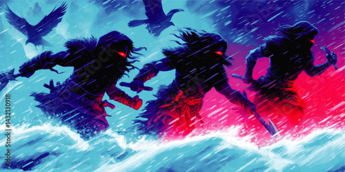 Fierce Viking Warriors Running in Arctic Storm with Ravens, Axes Raised, Fantasy Digital Illustration in Neon Blue and Red
