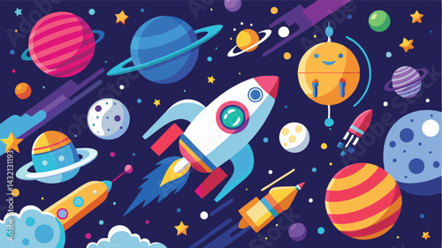Colorful vector illustration of rockets and planets in outer space showcasing exploration and adventure among celestial bodies