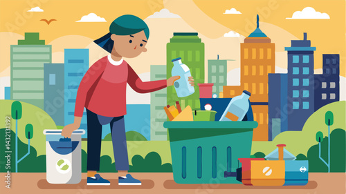 Creative vector illustration showing a young person actively recycling waste at a modern urban park with skyscrapers in the background during a sunny day