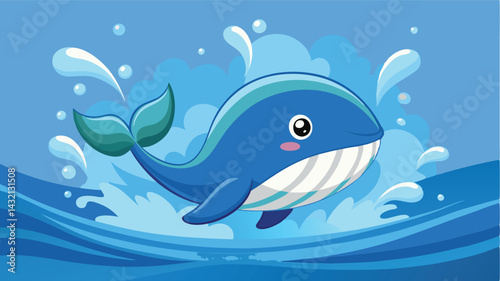 Vector illustration of a cheerful blue whale swimming playfully in ocean waves with splashes of water in a bright and vibrant underwater scene