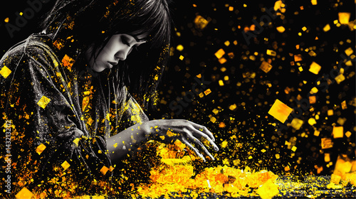 Artistic Sad Woman in Black and White with Exploding Golden Cubes, Abstract Emotional Surreal Concept on Black Background