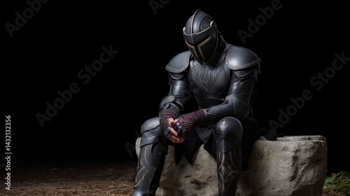 Moody Armored Figure Seated on Throne in Darkness and Gloom