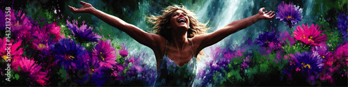 Joyful Woman Surrounded by Vibrant Flowers and Waterfall in Colorful Nature Painting, Freedom and Happiness Art