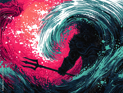 Powerful Ocean God with Trident in Dynamic Wave, Vibrant Mythological Art, Neon Blue and Pink Fantasy Illustration