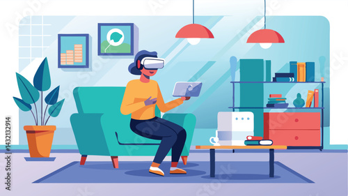 Vector illustration of a person using virtual reality headset while sitting on a sofa in a modern living room, engaging with technology in a cozy environment
