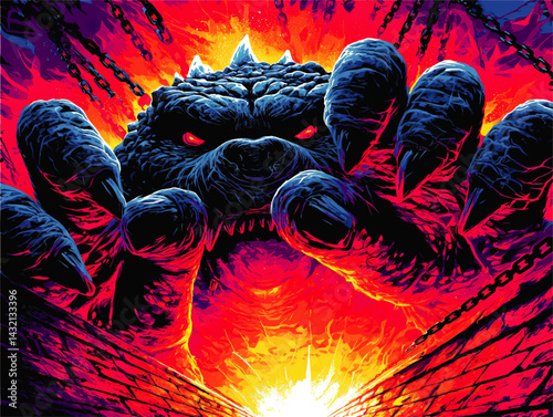Fierce Monster Attack Illustration – Giant Creature Breaking Through Chains, Neon Colors, Epic Comic Art for Posters & Covers