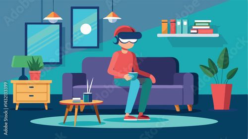 Vector illustration of a person using virtual reality headset while sitting on a sofa in a modern living room, engaging with technology in a cozy environment