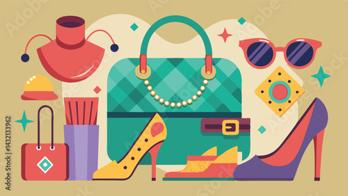Colorful vector illustration of trendy fashion accessories featuring vibrant shoes, sunglasses, handbag, and decorative elements