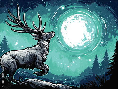 Majestic Stag in Moonlit Forest Night – Surreal Wildlife Illustration with Glowing Full Moon, Mystical Nature Art Background