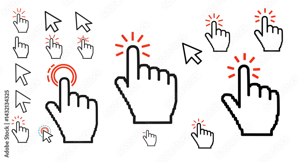 Fototapeta premium Collection of Cursor Hand Icons Click Tap and Pointing Gestures in Black and Red Design