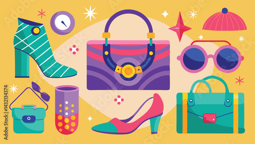 Colorful vector illustration of trendy fashion accessories featuring vibrant shoes, sunglasses, handbag, and decorative elements